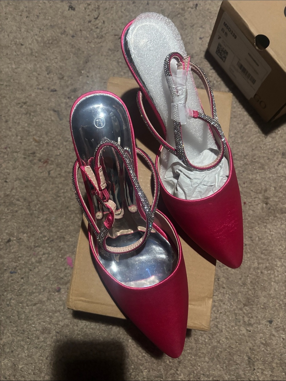 Rene Caovilla Fuchsia Satin Pointed Toe Slingbacks with Rhinestone Straps